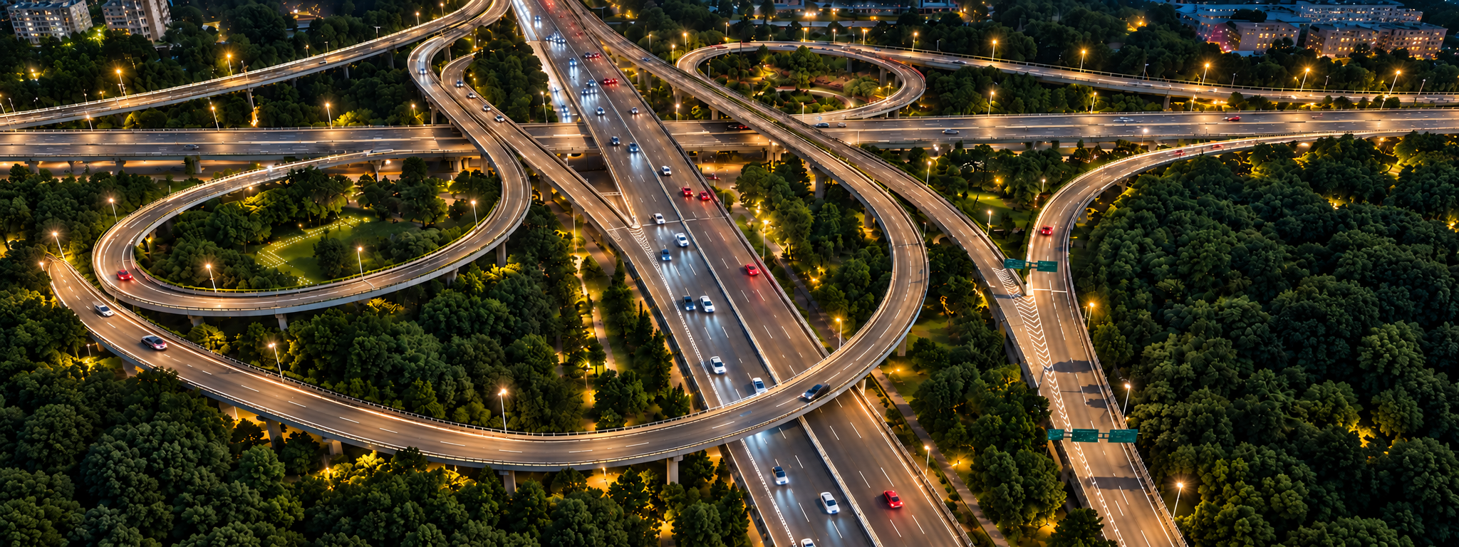 Green Lighting LED road light installation — illuminated at night